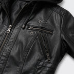 Damen Jacket aus Leder mit abnehmbarer Kapuze — Schwarz
