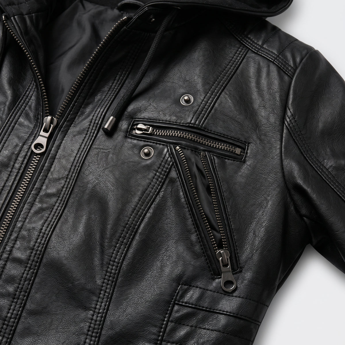 Damen Jacket aus Leder mit abnehmbarer Kapuze — Schwarz