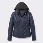 Damen Jacket aus Leder mit abnehmbarer Kapuze — Marineblau