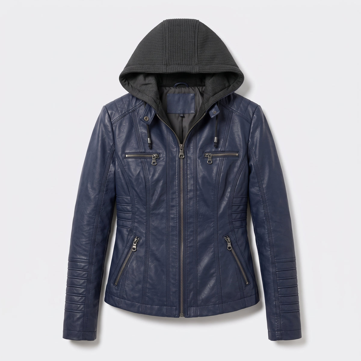 Damen Jacket aus Leder mit abnehmbarer Kapuze — Marineblau