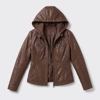 Damen Jacket aus Leder mit abnehmbarer Kapuze — Kaffee