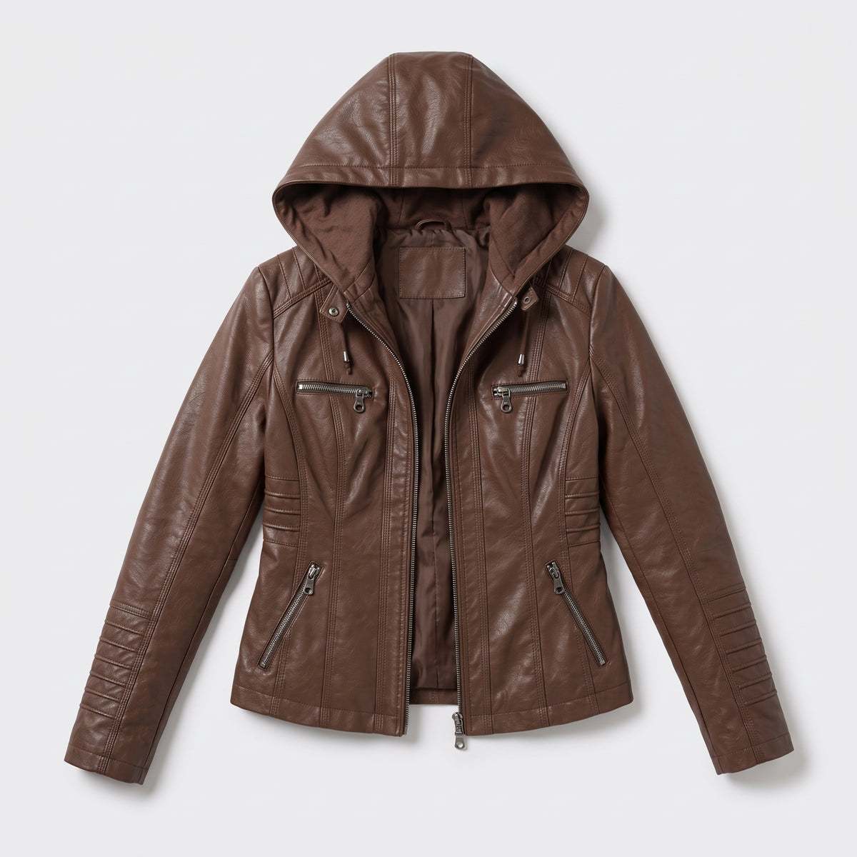 Damen Jacket aus Leder mit abnehmbarer Kapuze — Kaffee