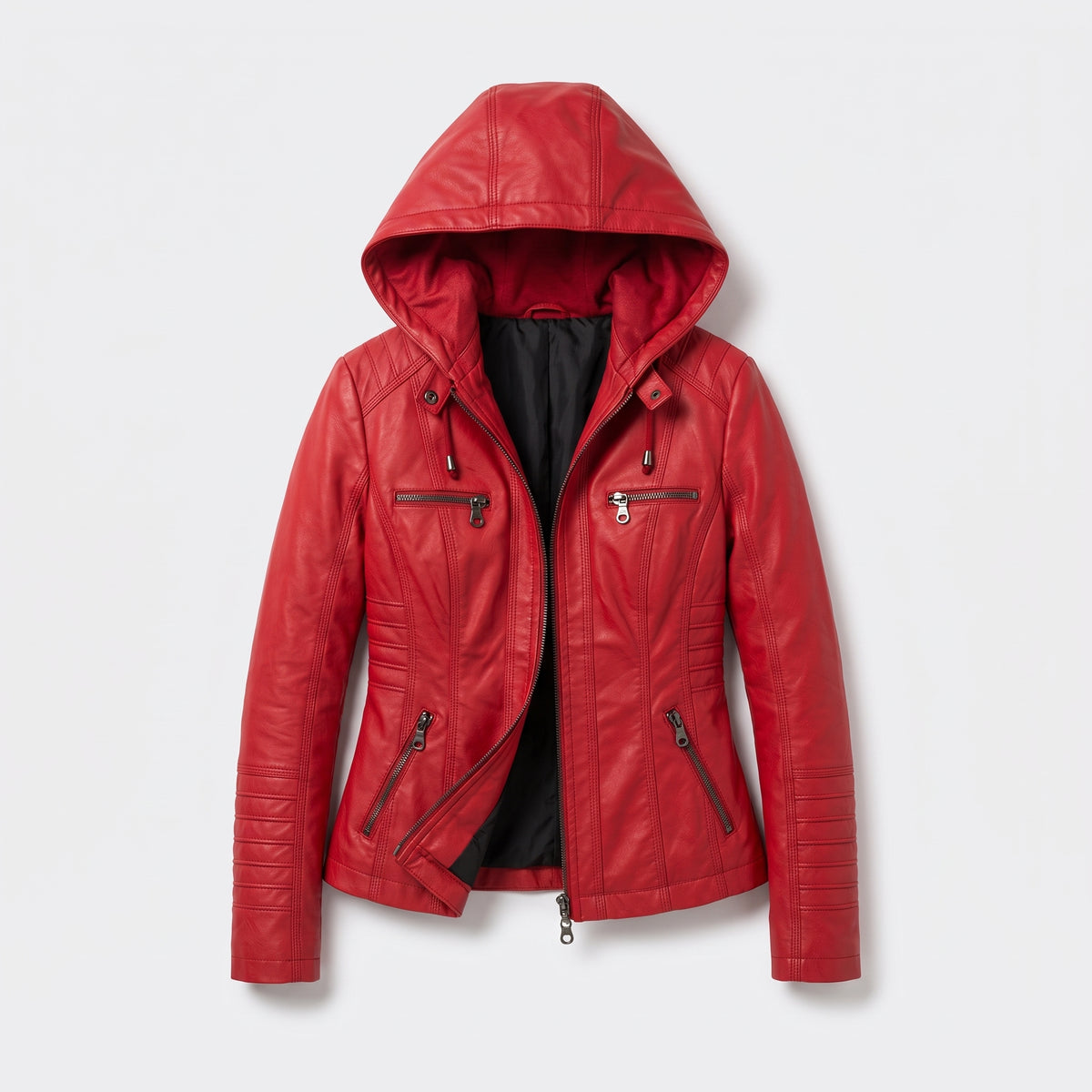 Damen Jacket aus Leder mit abnehmbarer Kapuze — Rot