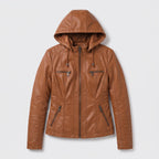 Damen Jacket aus Leder mit abnehmbarer Kapuze — Camel