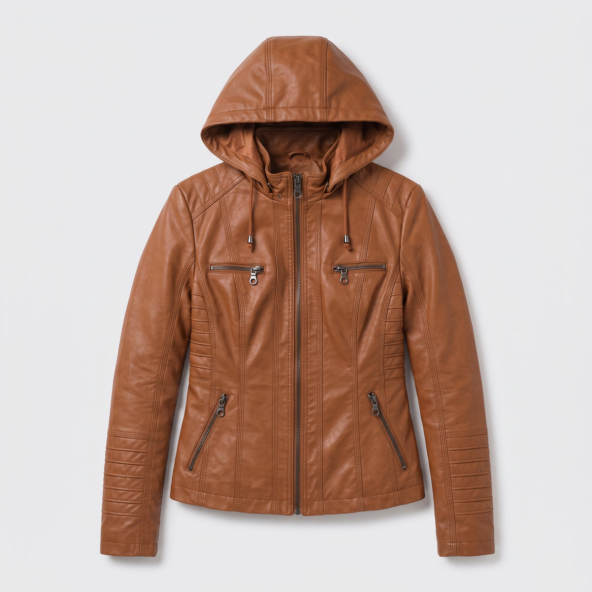 Damen Jacket aus Leder mit abnehmbarer Kapuze — Camel