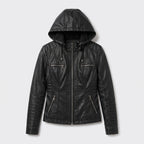 Damen Jacket aus Leder mit abnehmbarer Kapuze — Schwarz