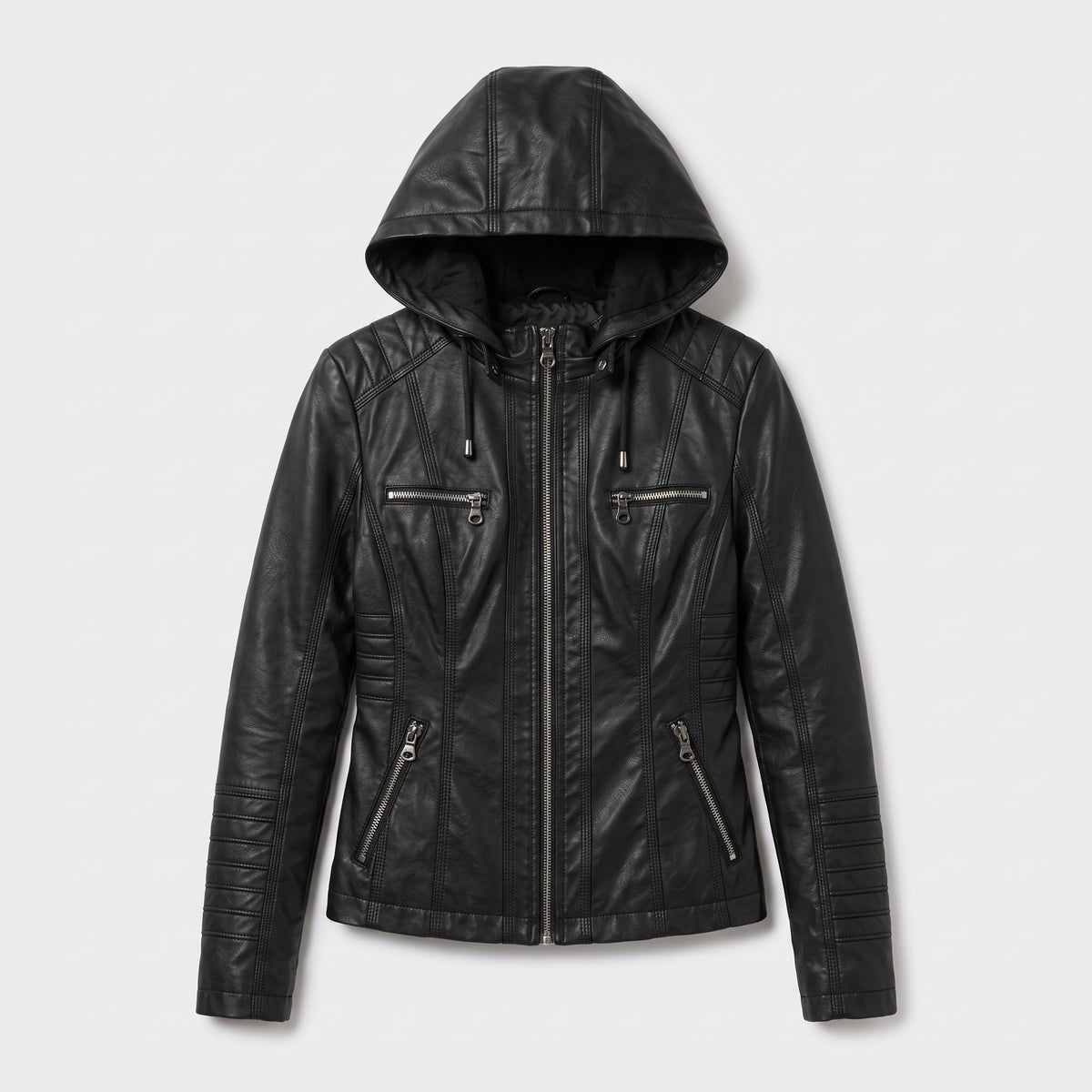 Damen Jacket aus Leder mit abnehmbarer Kapuze — Schwarz