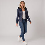Damen Jacket aus Leder mit abnehmbarer Kapuze — Marineblau