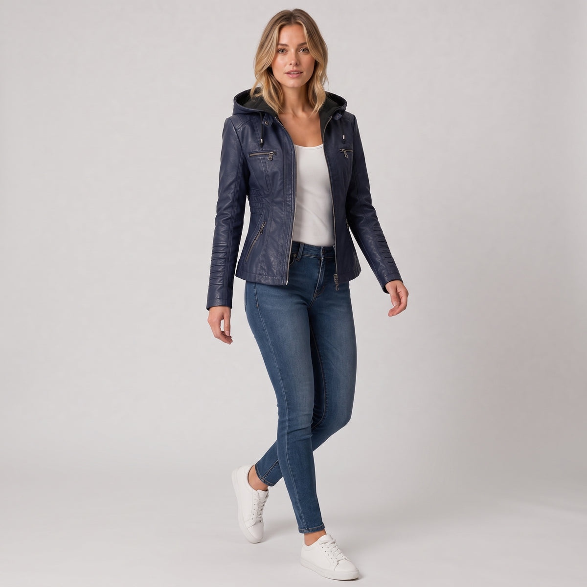 Damen Jacket aus Leder mit abnehmbarer Kapuze — Marineblau