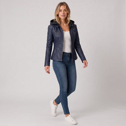 Damen Jacket aus Leder mit abnehmbarer Kapuze — Marineblau