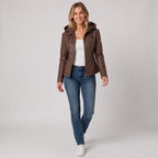 Damen Jacket aus Leder mit abnehmbarer Kapuze — Kaffee