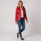Damen Jacket aus Leder mit abnehmbarer Kapuze — Rot