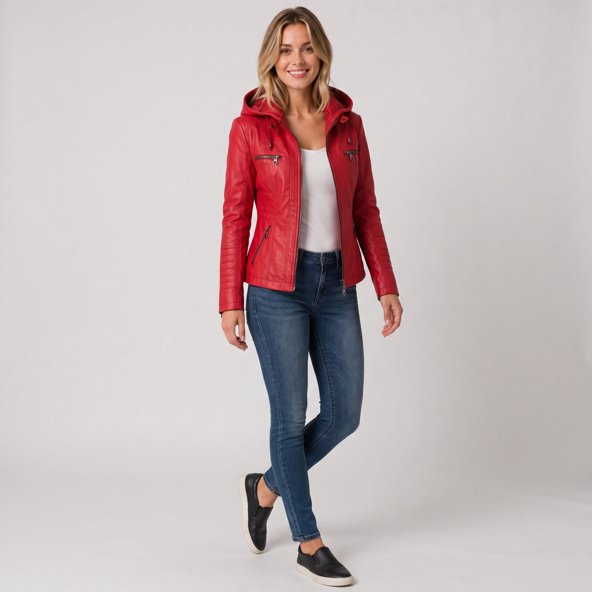 Damen Jacket aus Leder mit abnehmbarer Kapuze — Rot