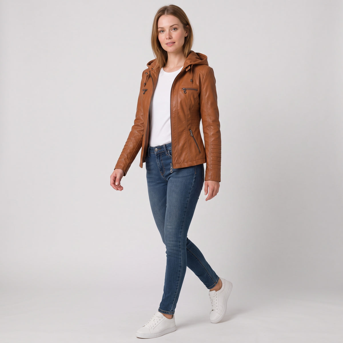 Damen Jacket aus Leder mit abnehmbarer Kapuze — Camel