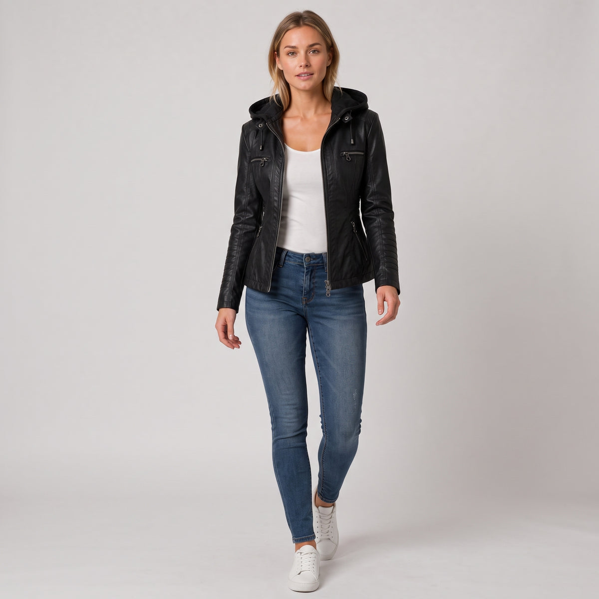 Damen Jacket aus Leder mit abnehmbarer Kapuze — Schwarz