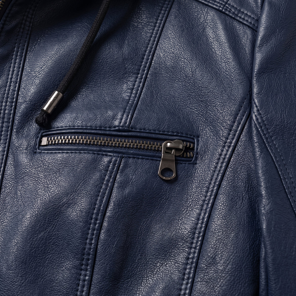 Damen Jacket aus Leder mit abnehmbarer Kapuze — Marineblau