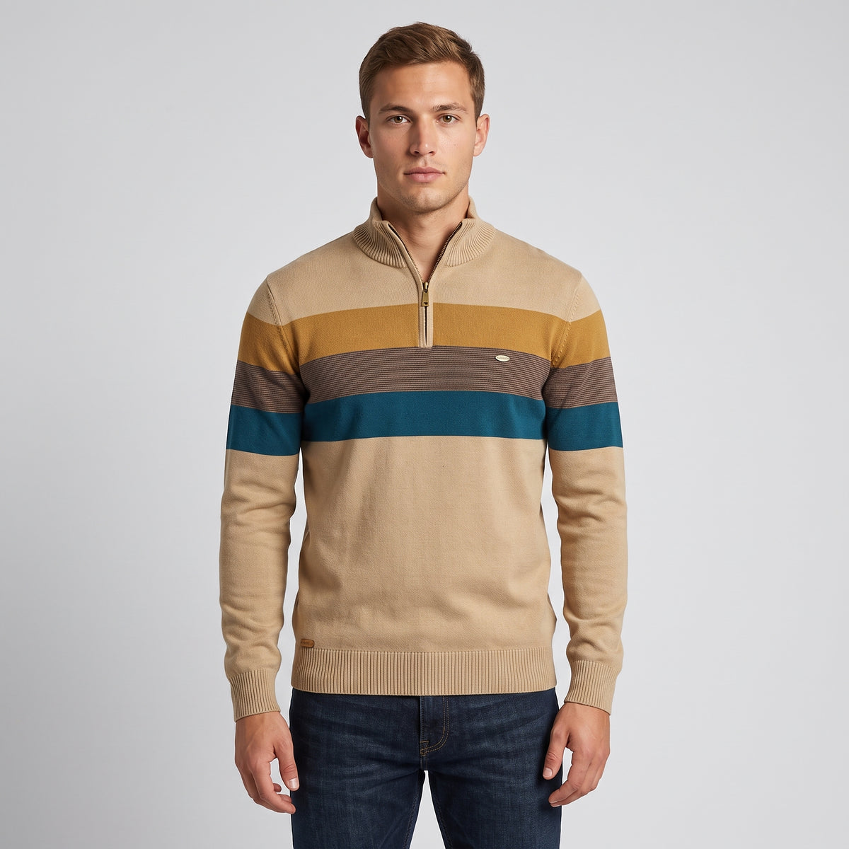 Herren Gestreifter Troyer mit Half-Zip – Slim Fit — Khaki