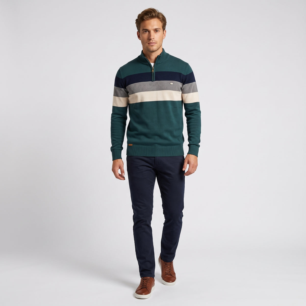 Herren Gestreifter Troyer mit Half-Zip – Slim Fit — Grün