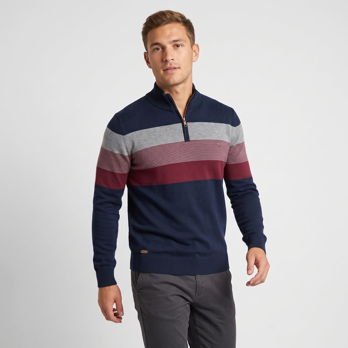Herren Gestreifter Troyer mit Half-Zip – Slim Fit — Navy