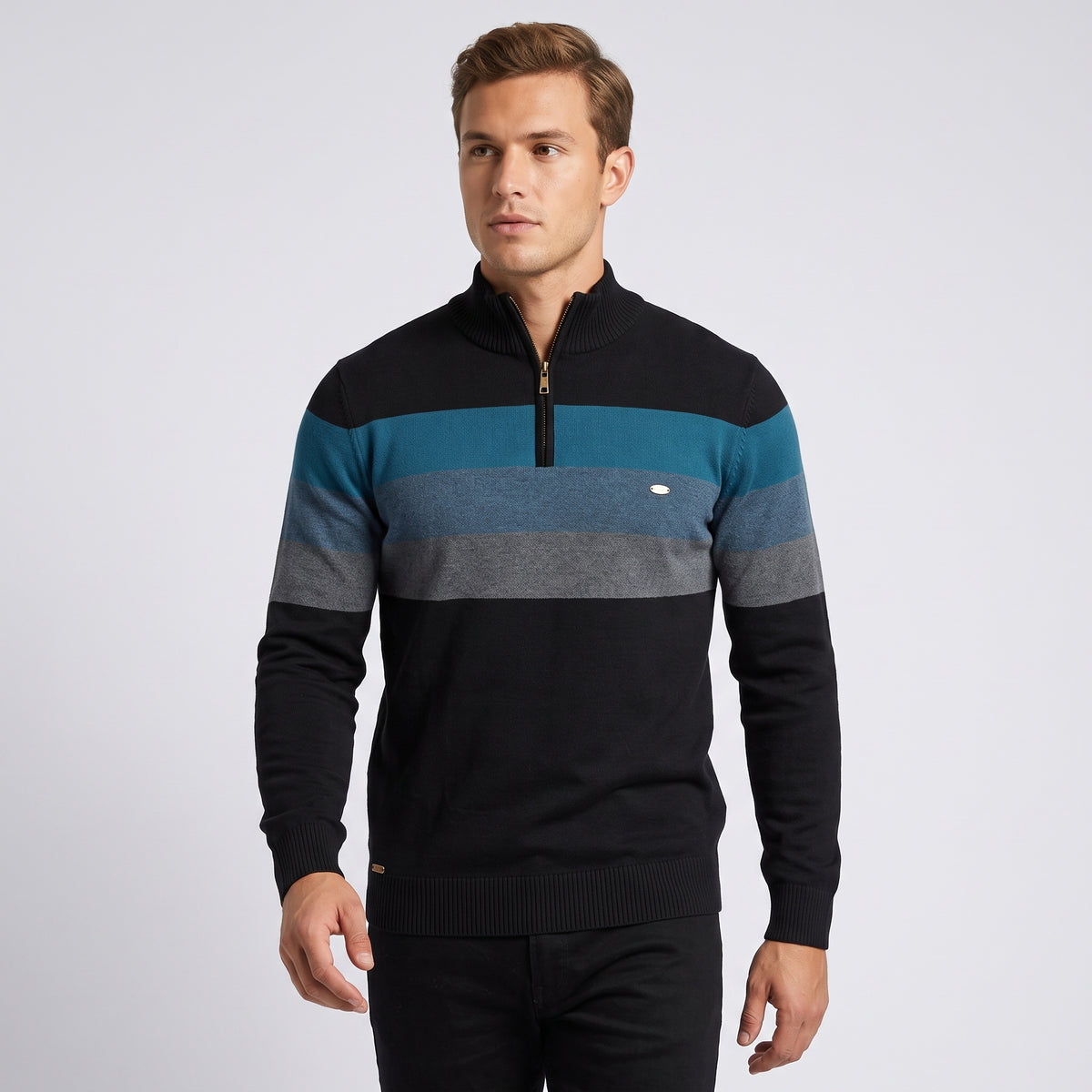 Herren Gestreifter Troyer mit Half-Zip – Slim Fit — Schwarz