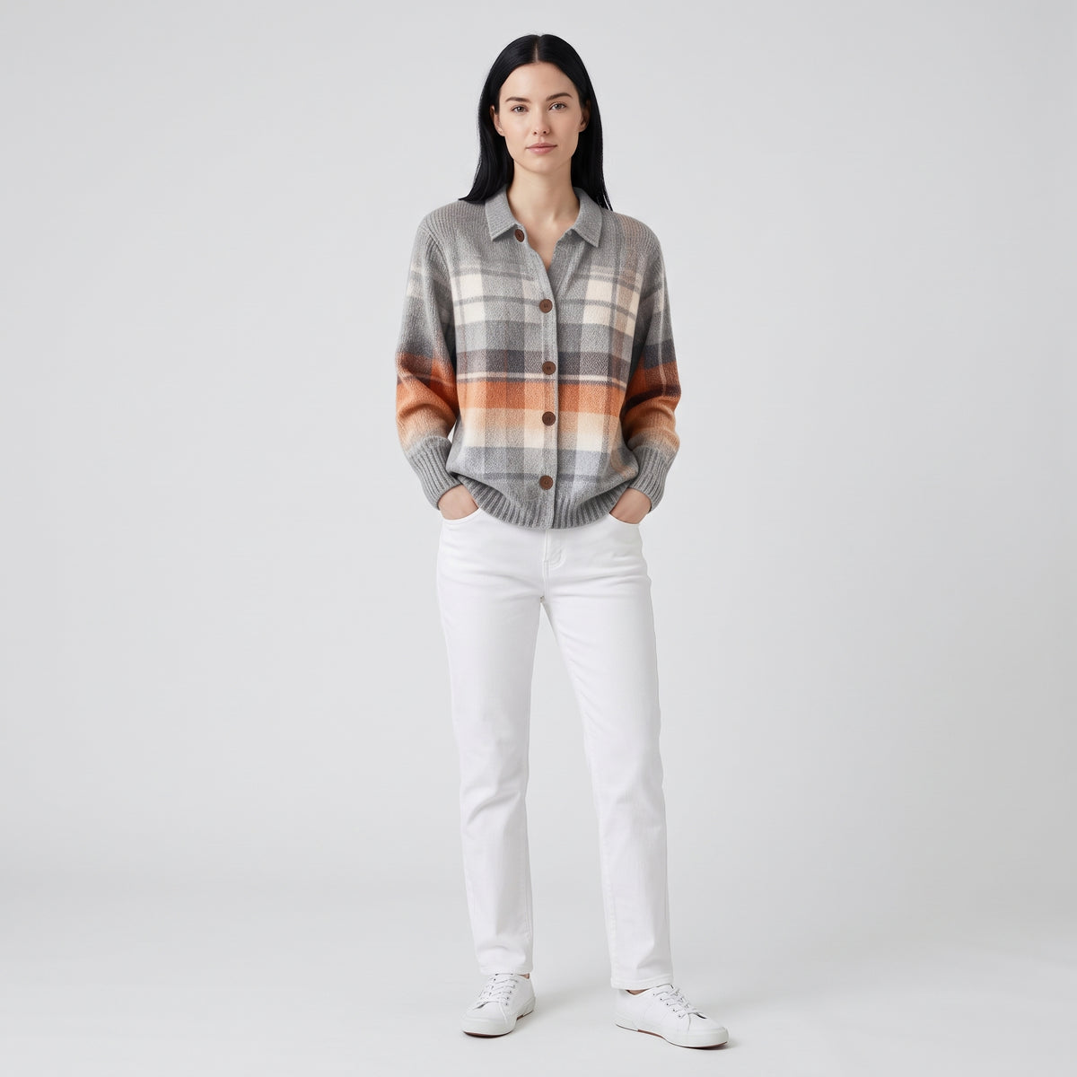 Damen Sweater Cardigan kariert Multicolor Regular Fit