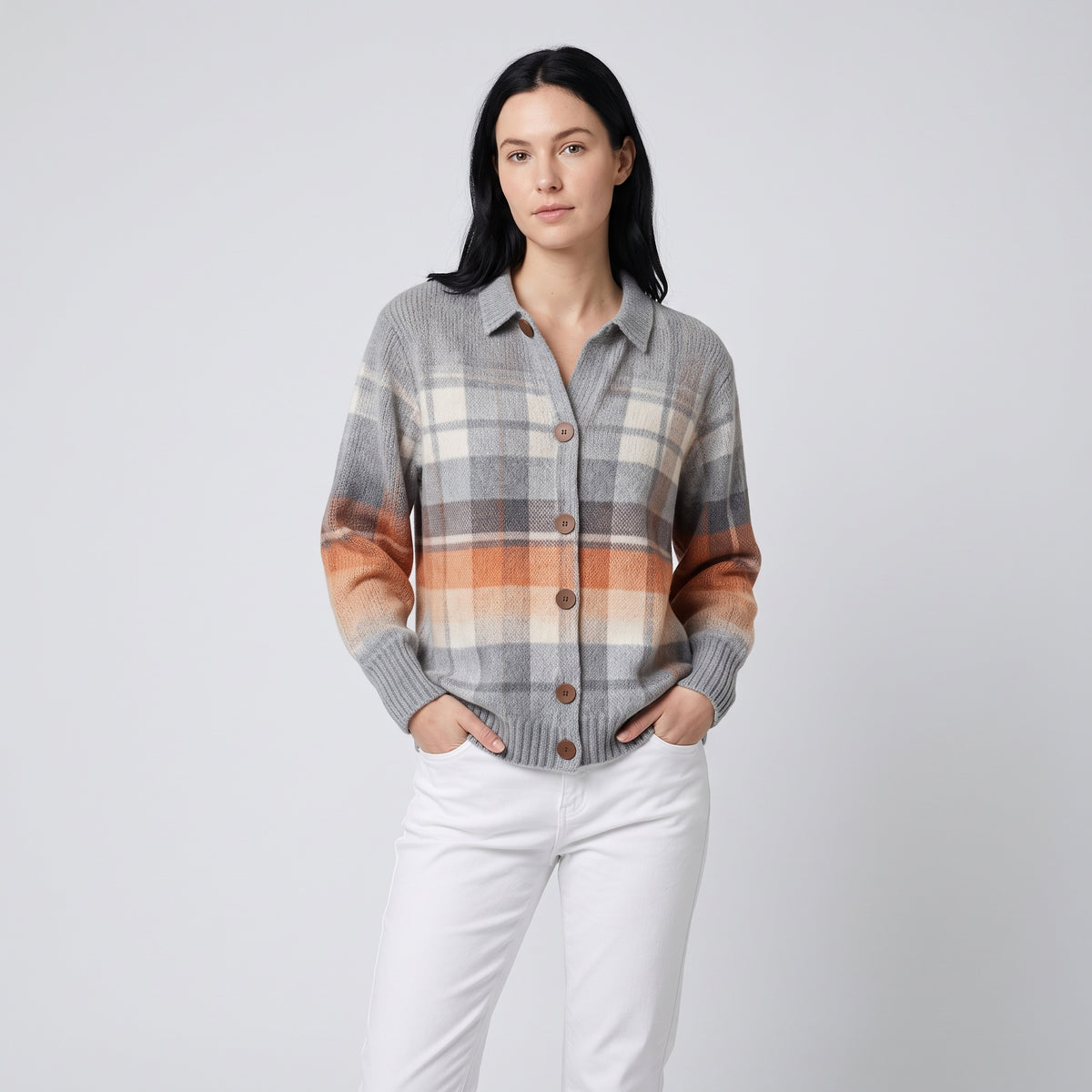 Damen Sweater Cardigan kariert Multicolor Regular Fit