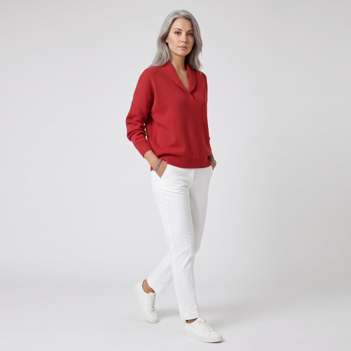 Damen Sweater mit V-Ausschnitt und langen Ärmeln — Rot