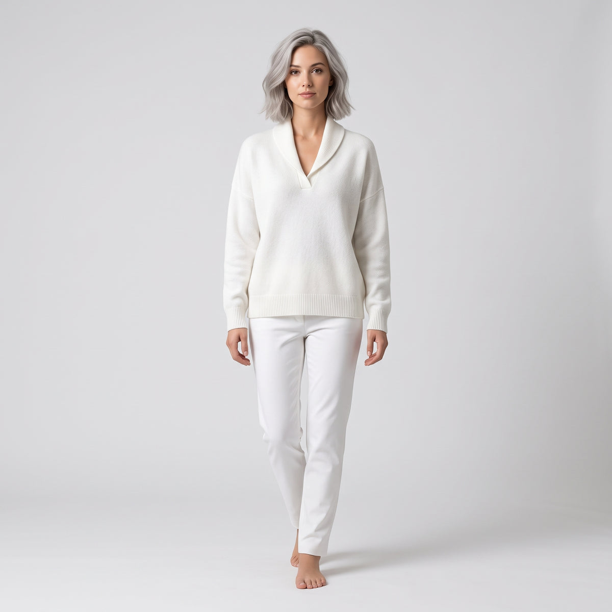 Damen Sweater mit V-Ausschnitt und langen Ärmeln — Weiß