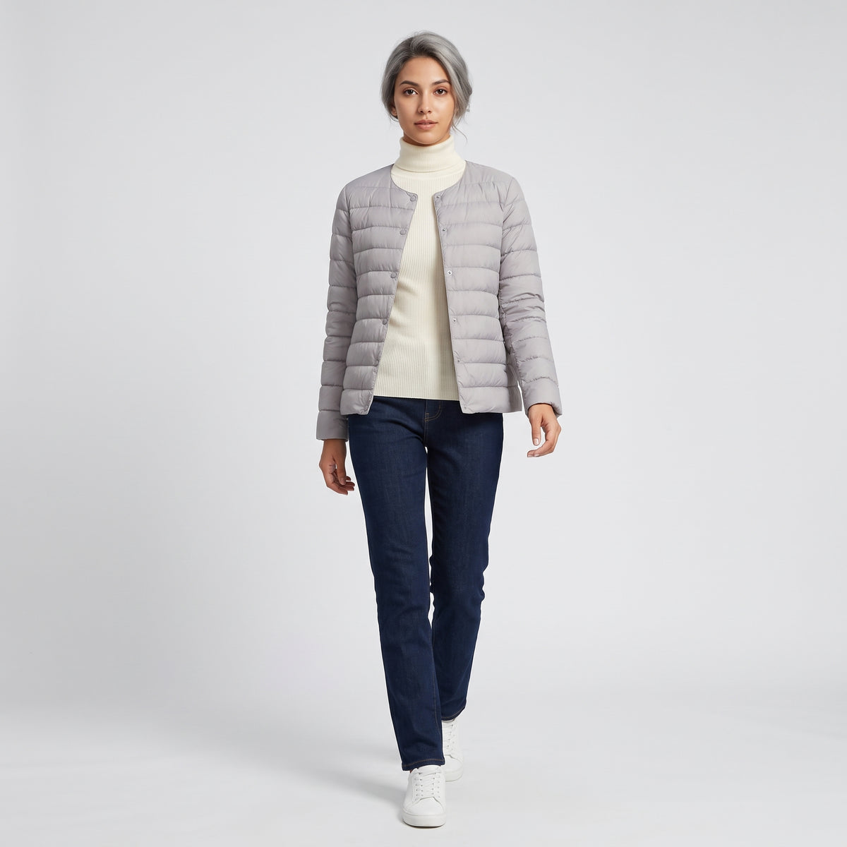 Damen Leichte Steppjacke ohne Kapuze – Regular Fit — Hellgrau