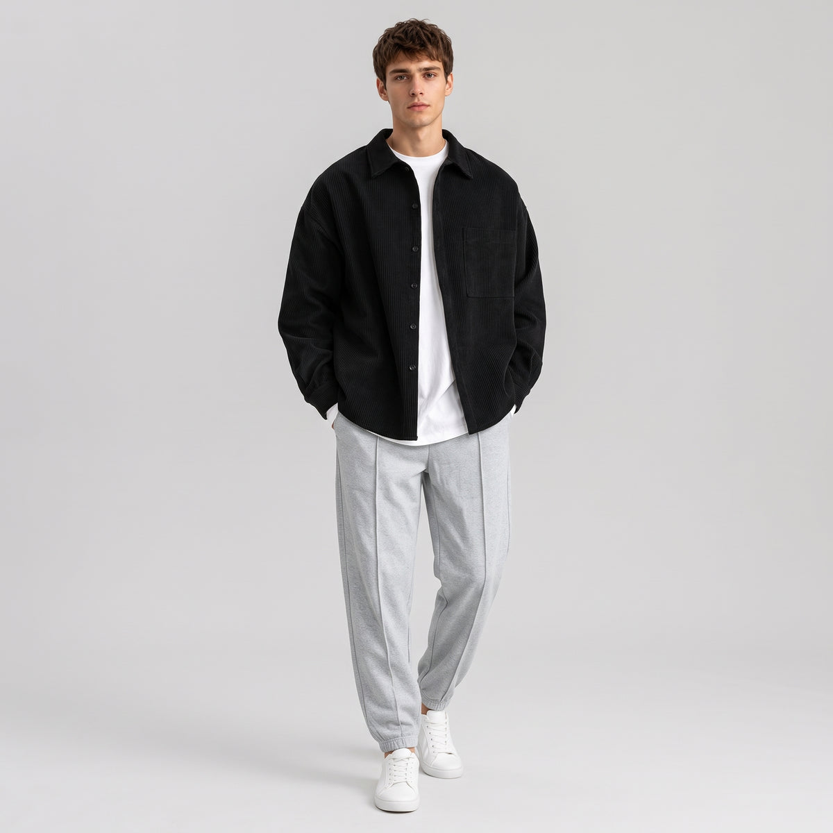Herren Cord-Overshirt mit Brusttasche – Regular Fit — Schwarz