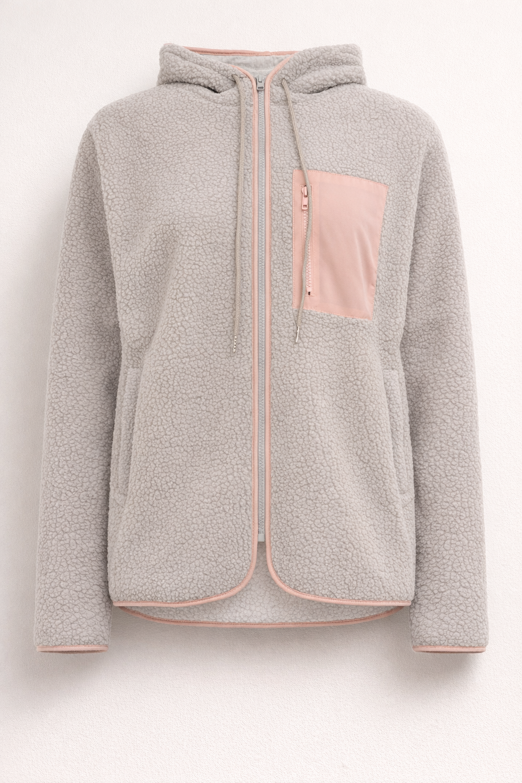 Hellgraue Woll-Teddyjacke mit Kapuze für Damen — Pink