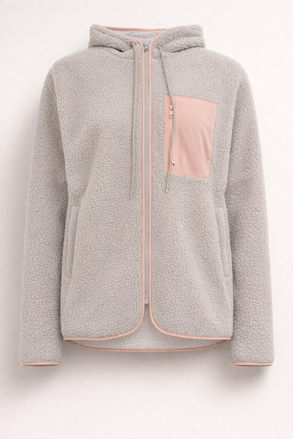 Hellgraue Woll-Teddyjacke mit Kapuze für Damen — Pink