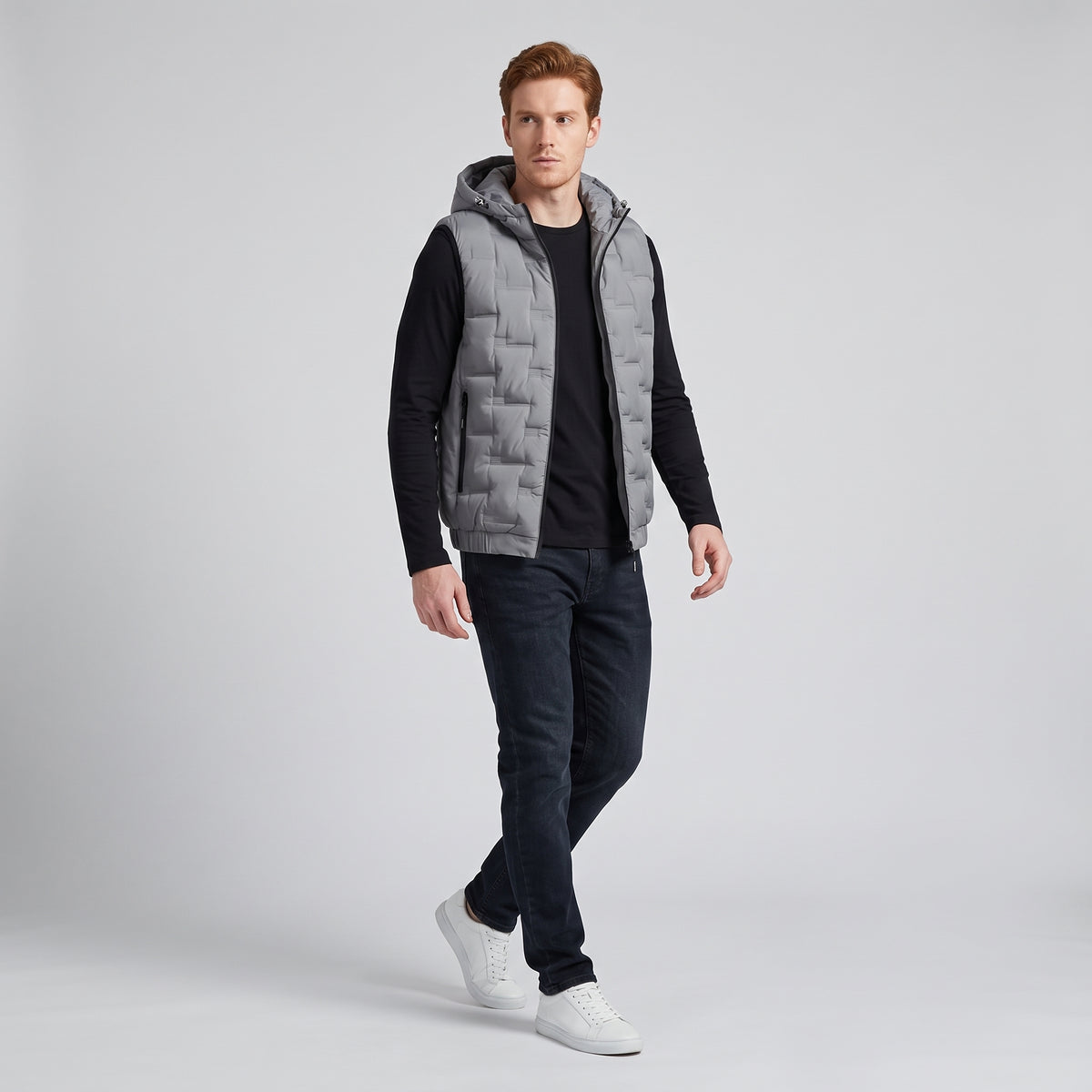 Herren Wattierte Steppweste mit Kapuze – Regular Fit — Grau