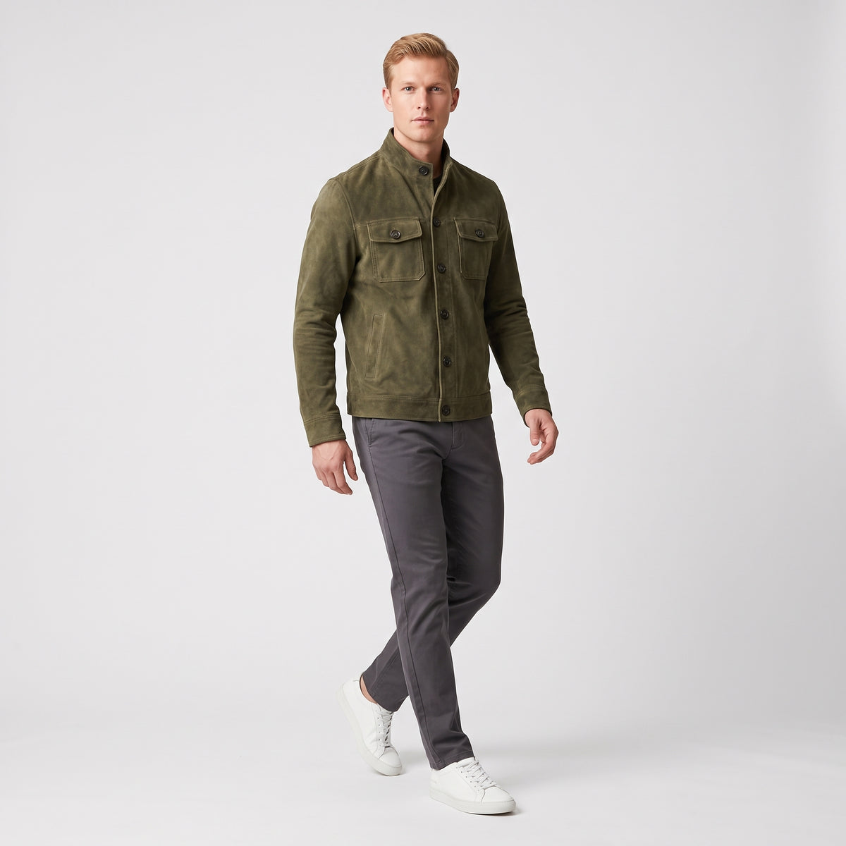 Herren Wildlederjacke mit Stehkragen – Regular Fit — Olive
