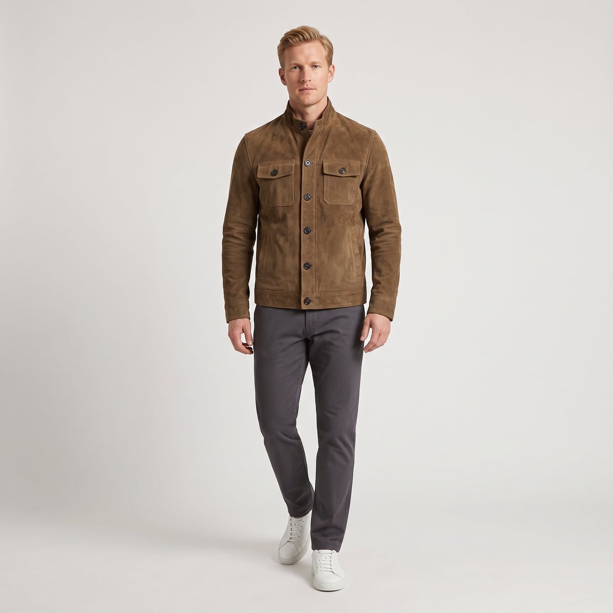 Herren Wildlederjacke mit Stehkragen – Regular Fit — Braun