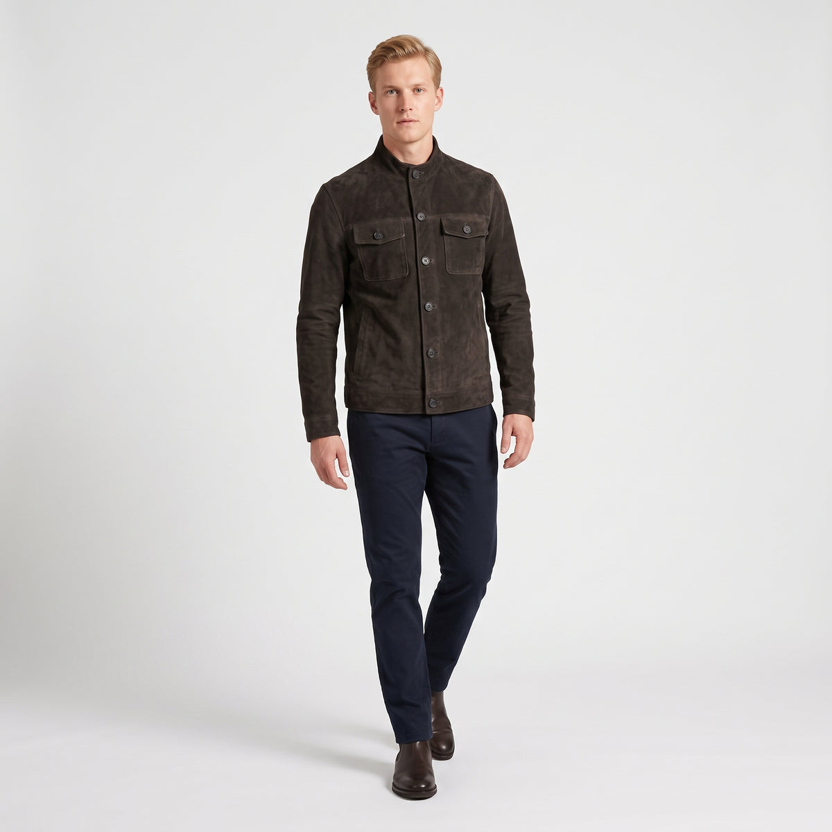 Herren Wildlederjacke mit Stehkragen – Regular Fit — Schwarz