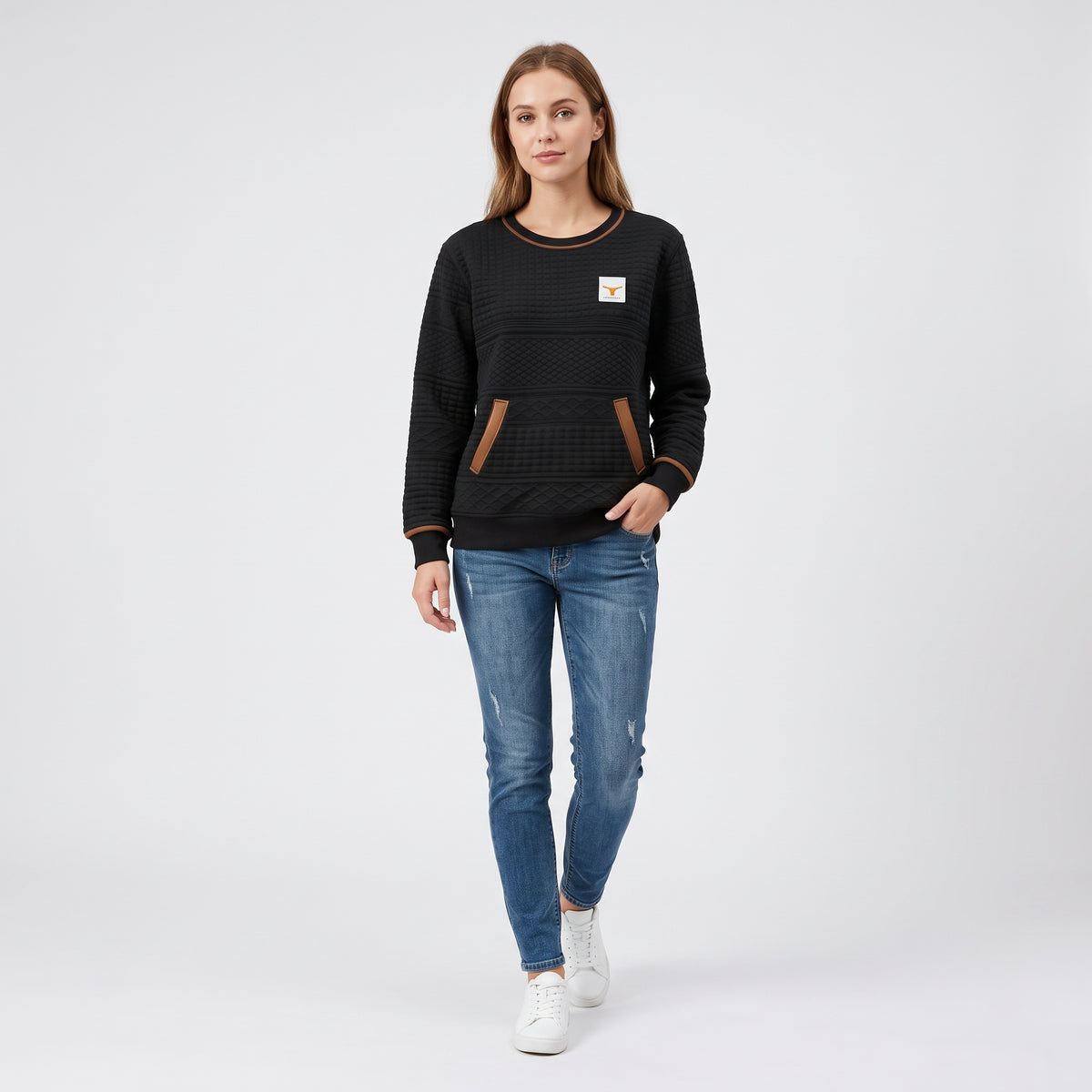 Damen Sweatshirt mit Rundhals und Kängurutasche – Relaxed Fit — Klassisches Schwarz