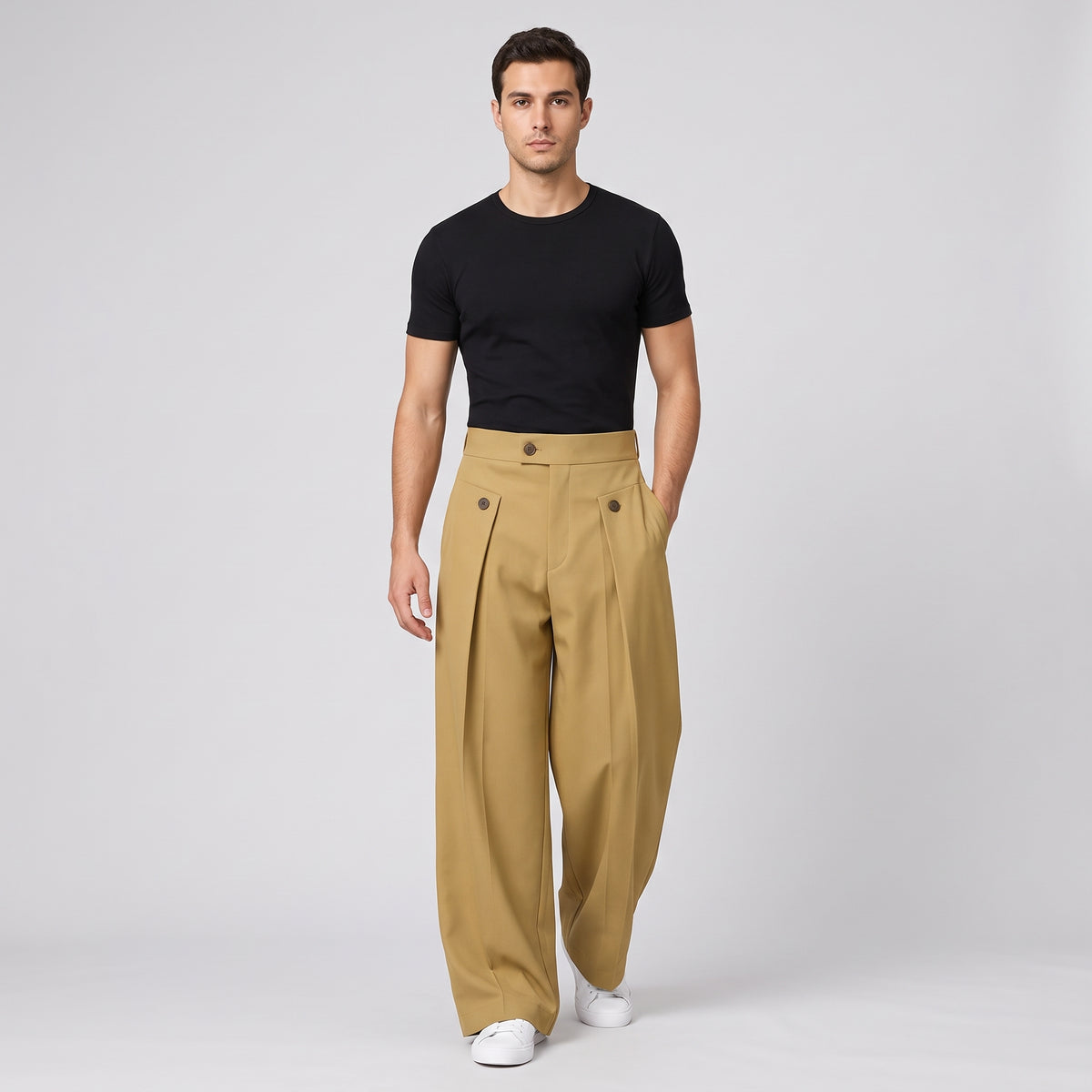 Herren Wide-Leg-Hose mit Bundfalten – Relaxed Fit — Khaki