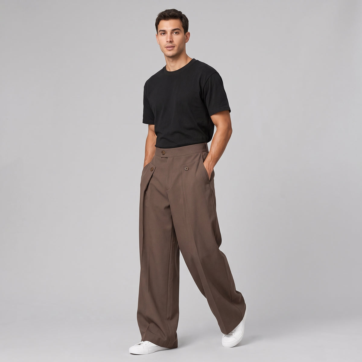 Herren Wide-Leg-Hose mit Bundfalten – Relaxed Fit — Braun