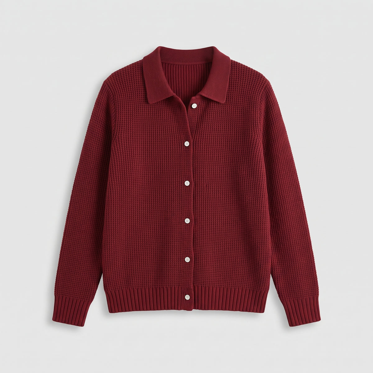 Damen Strickjacke mit Hemdkragen – Relaxed Fit — Weinrot