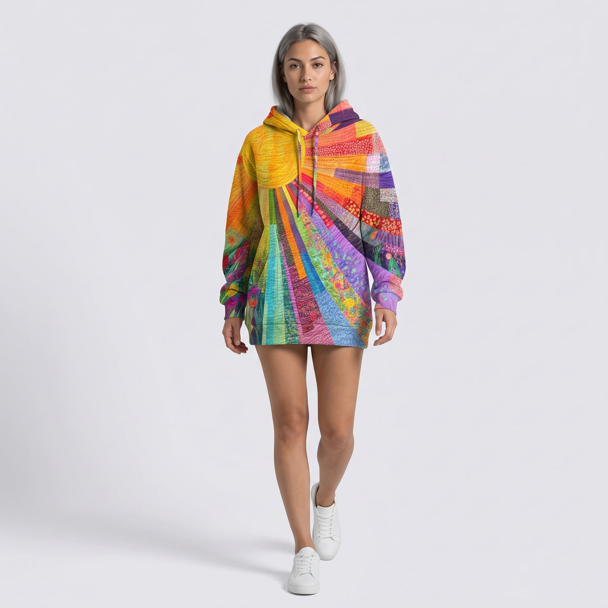 Damen Multicolor Hoodie mit Patchwork-Print – Relaxed Fit