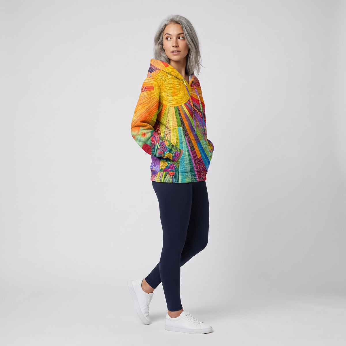 Damen Multicolor Hoodie mit Patchwork-Print – Relaxed Fit