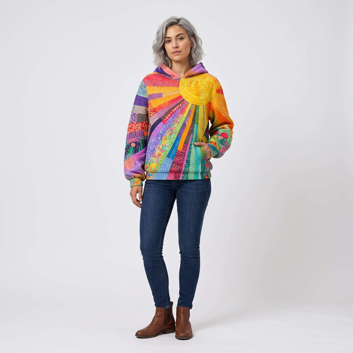 Damen Multicolor Hoodie mit Patchwork-Print – Relaxed Fit