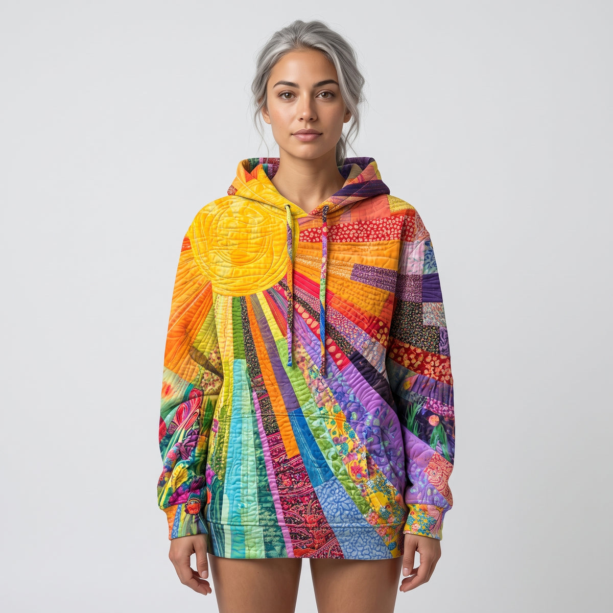 Damen Multicolor Hoodie mit Patchwork-Print – Relaxed Fit