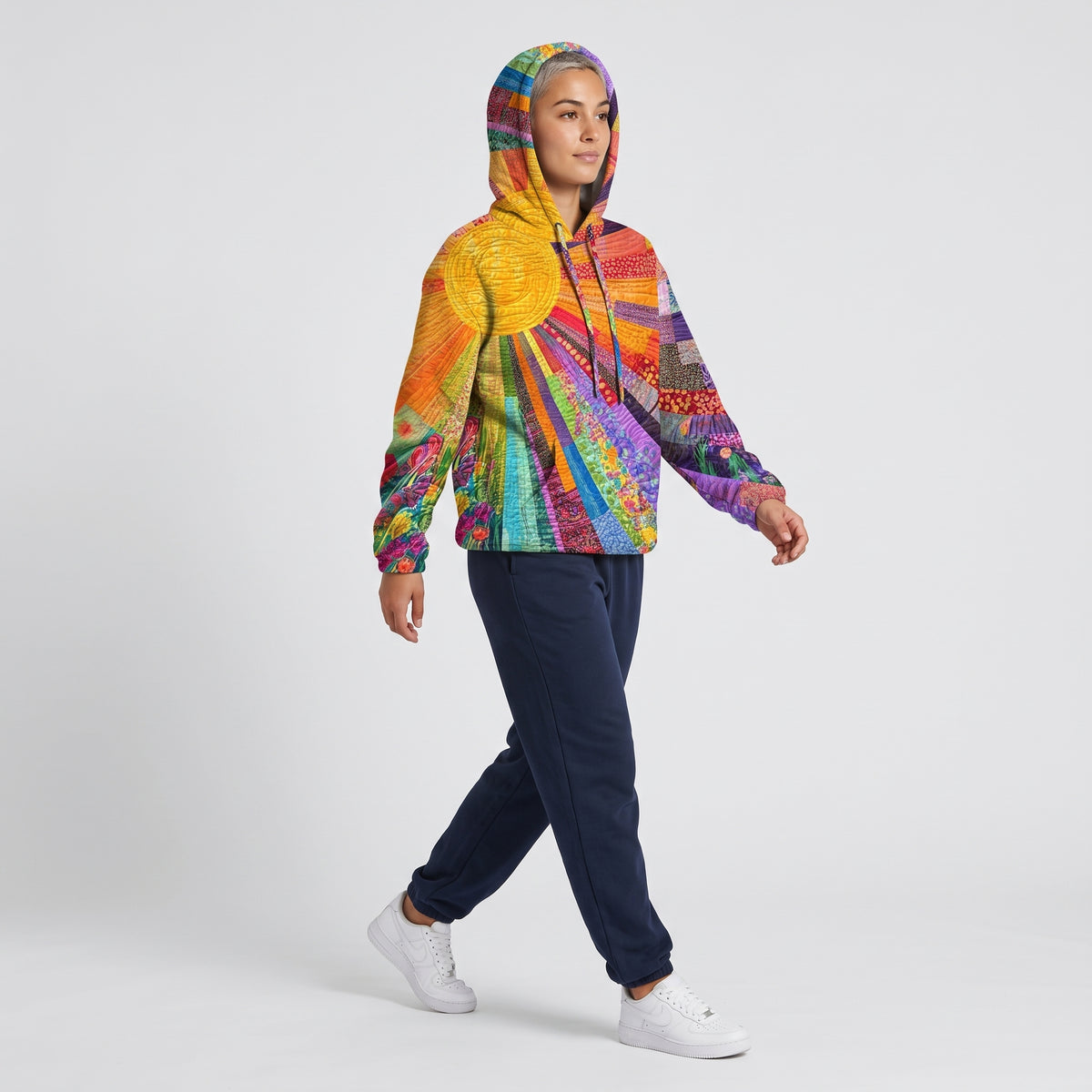 Damen Multicolor Hoodie mit Patchwork-Print – Relaxed Fit