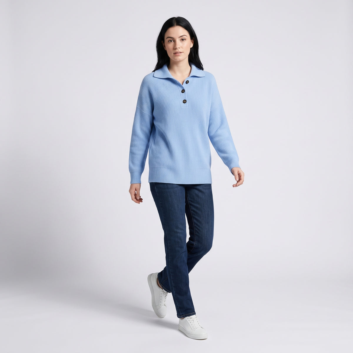 Damen Strick-Polopullover mit Knopfleiste – Lockerer Schnitt — Himmelblau