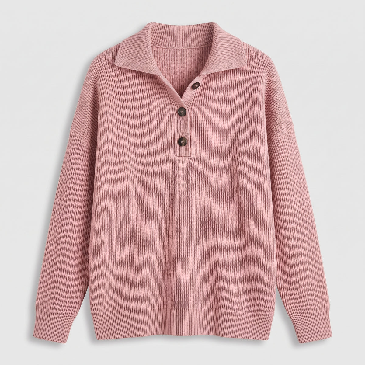 Damen Strick-Polopullover mit Knopfleiste – Lockerer Schnitt — Zartrosa