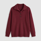 Damen Strick-Polopullover mit Knopfleiste – Lockerer Schnitt — Burgund
