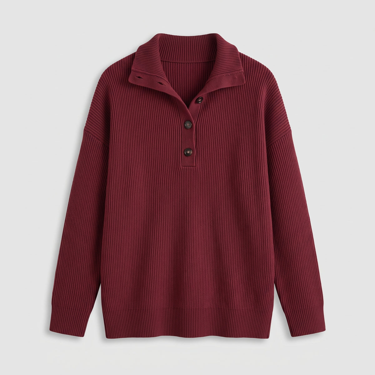 Damen Strick-Polopullover mit Knopfleiste – Lockerer Schnitt — Burgund