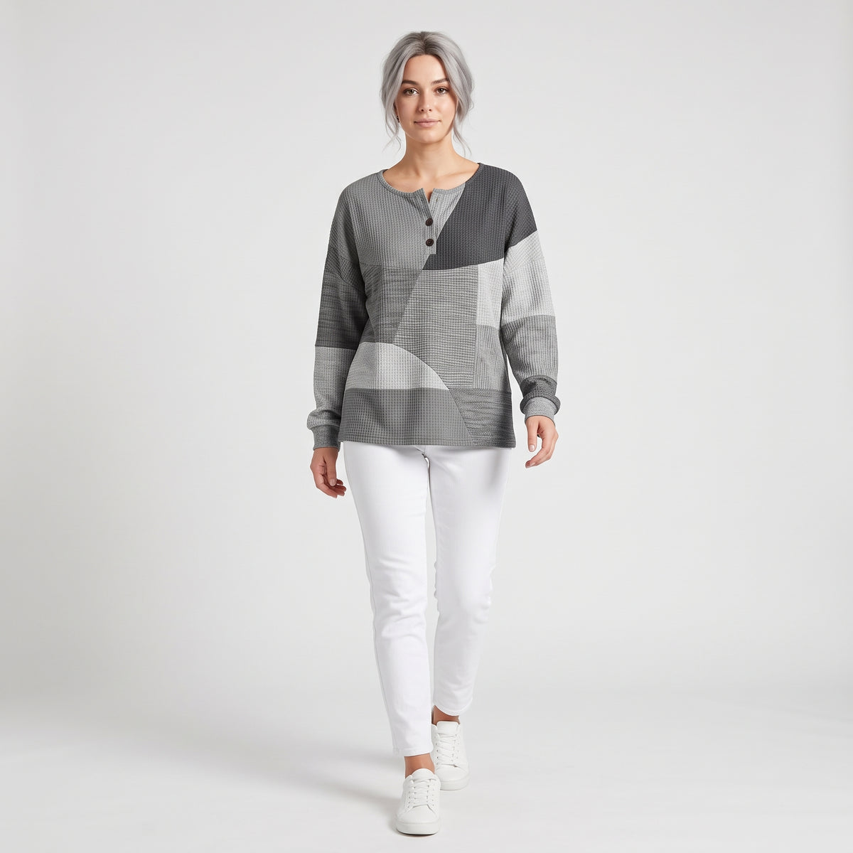 Damen Strickpullover mit Colorblock-Muster – Relaxed Fit — Grau